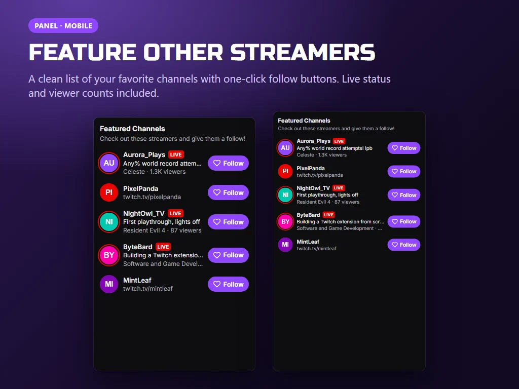 Featured Channels panel with live channels and follow buttons