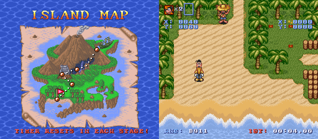 Island map and gameplay from the Goof Troop Practice Cart with RNG, IGT and position on screen