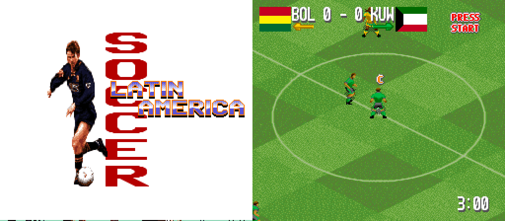 Title screen and match from the Latin America Soccer romhack