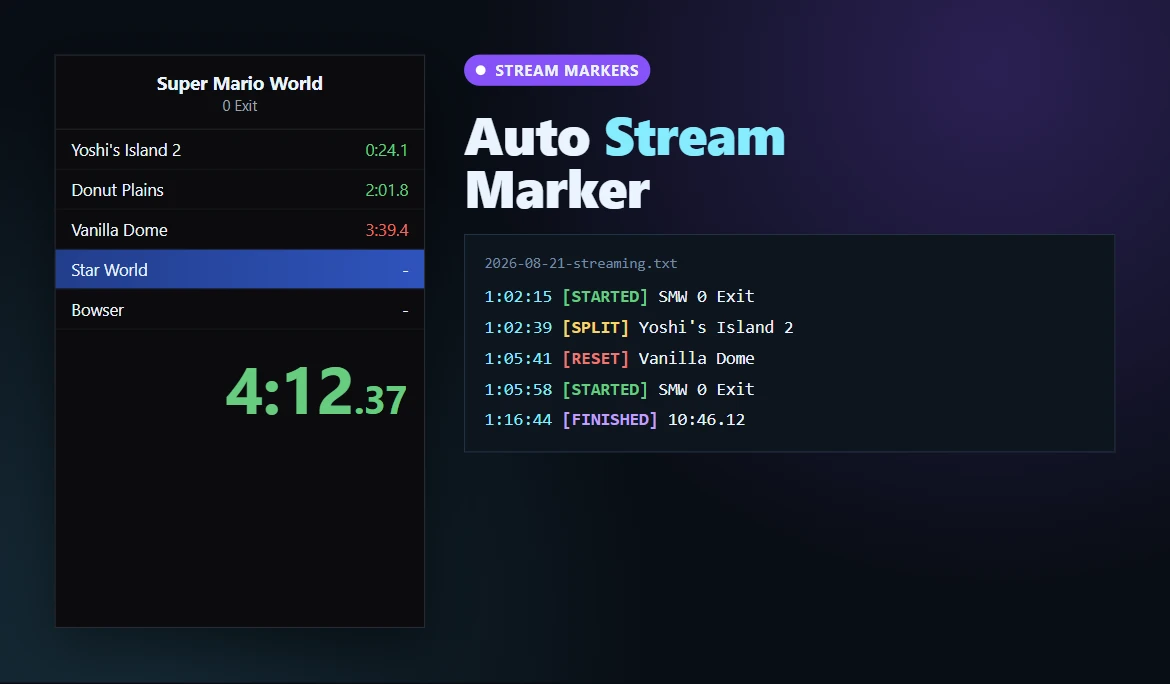 Illustration of LiveSplit with the markers created by Auto Stream Marker