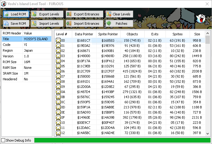 Yoshi's Island Level Tool window with the ROM header data and the level list